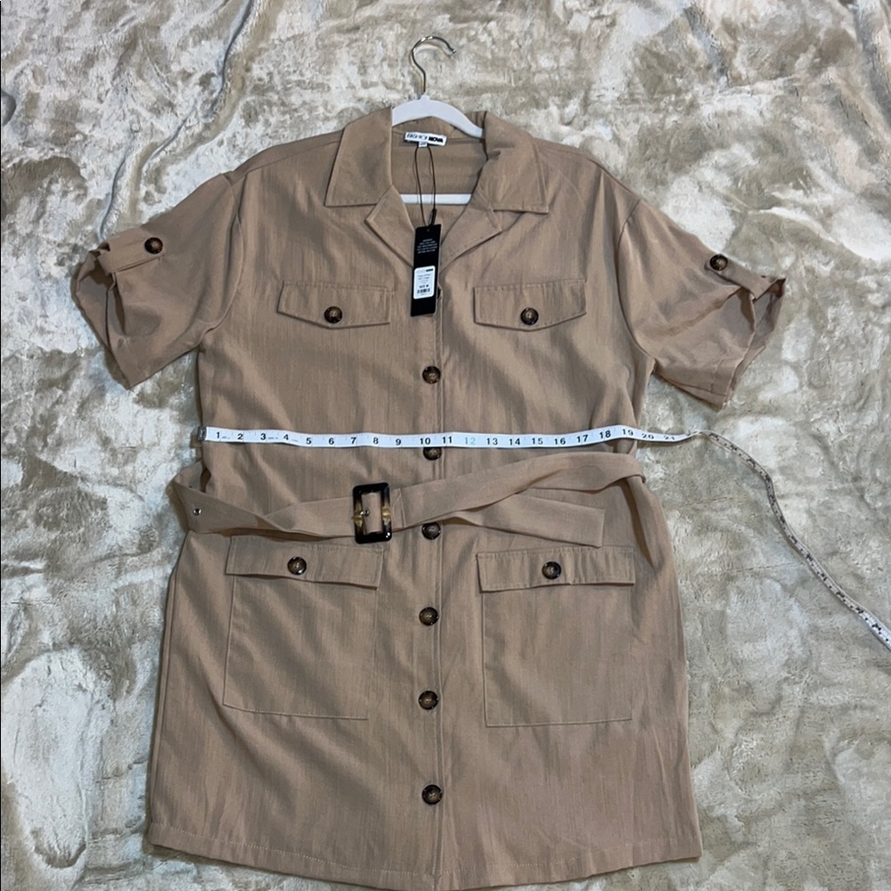 Fashion Nova Tan Button-Up Dress with Belt - Picture 2 of 7